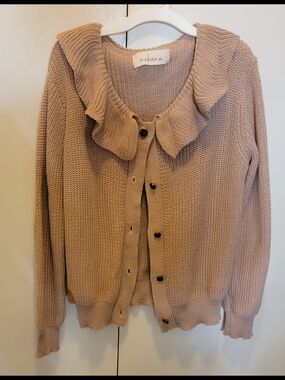 Nekane Tan Ruffled Collar Knit Cardigan